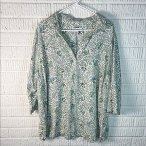 Laura Ashley Floral Green and White Women's Top Linen Blend